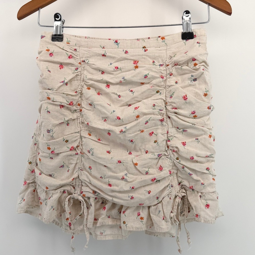 Wild Fable Beige Floral‎ Ruched Mini Skirt Cinch Cottagecore Linen Blend Size M